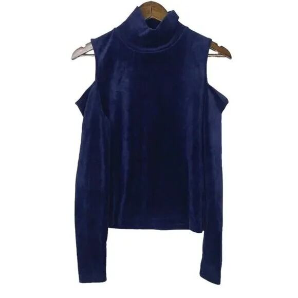 Zara Cold Shoulder Velvet Knit Blouse Mock Neck Top Long Sleeves M Deep Blue - Picture 14 of 15